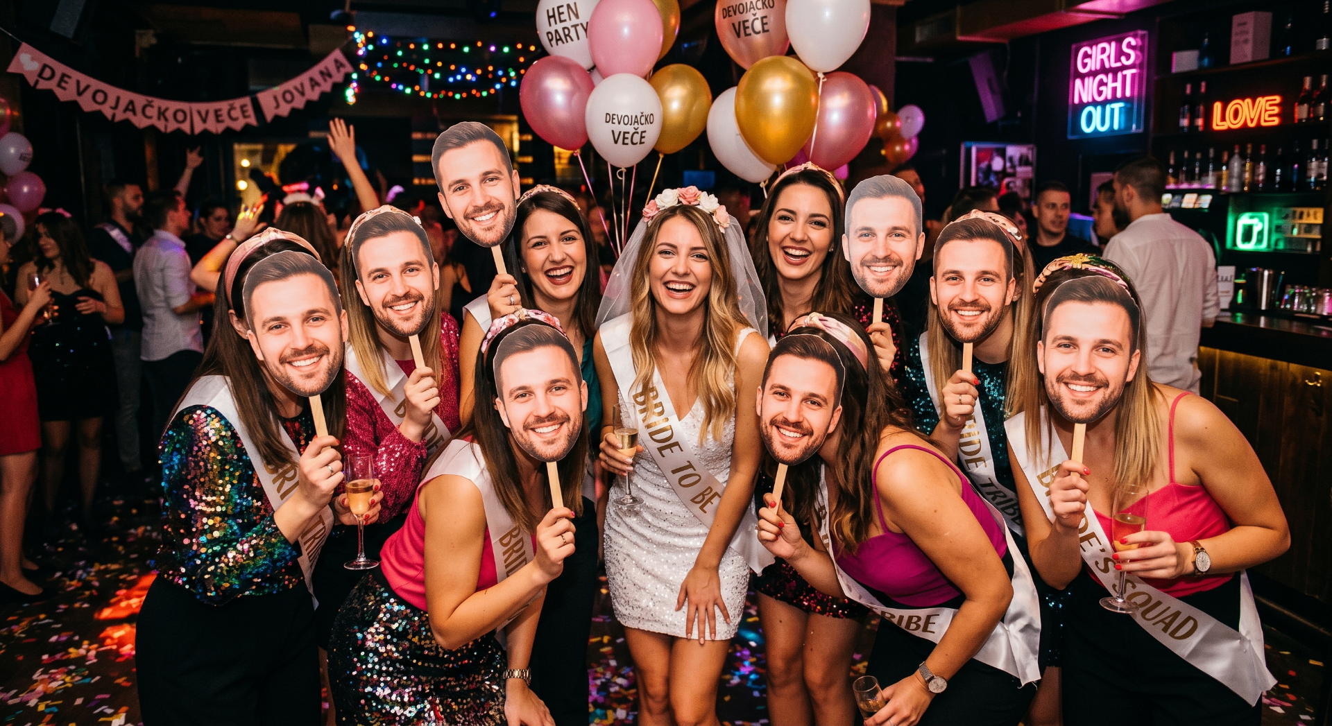 Grupa prijatelja sa personalizovanim maskama na žurci